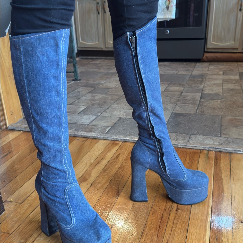 Vintage 1969 Platform Denim Knee-High Boots from London size 8 1/2 - Picture 3 of 12